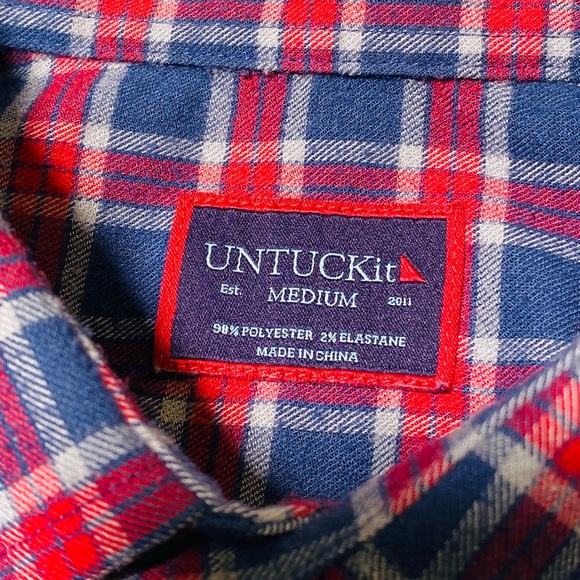 LIKE NEW UNTUCKit Men’s Medium Passaros Button Front Shirt Red Navy Blue Check - Picture 4 of 6